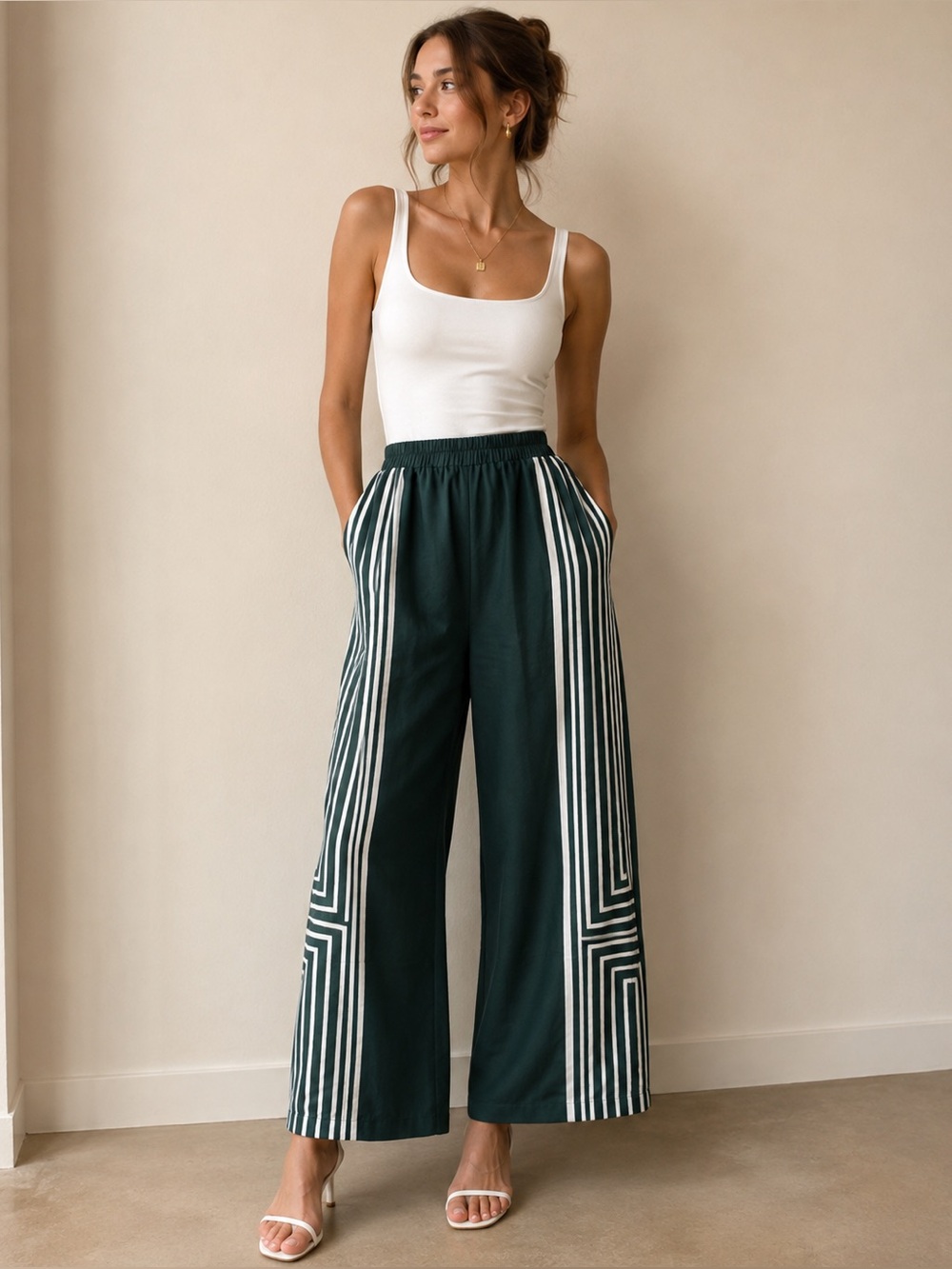 Teal high rise white geometric wide leg satin pants